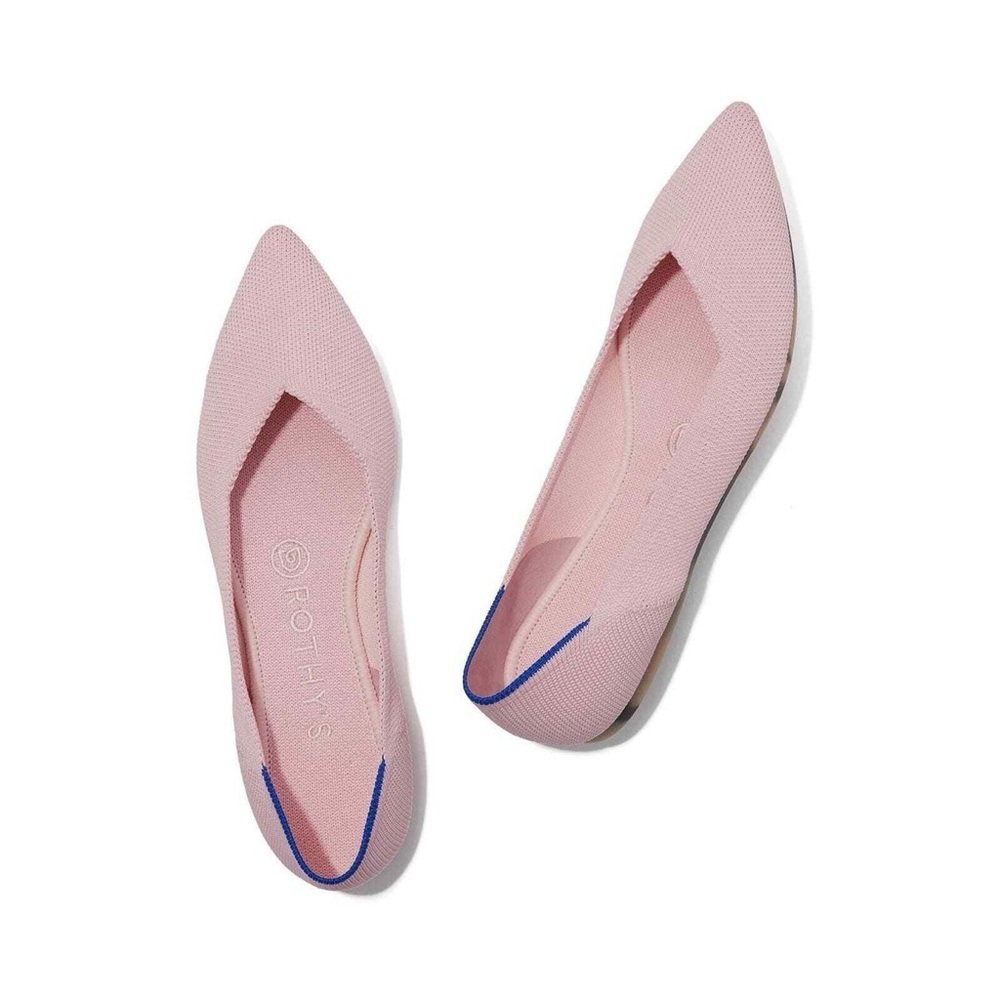 Rothy's Pink Pointed Knit Flats with Blue Trim